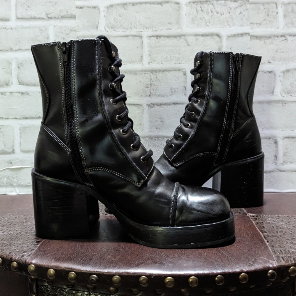 Frye Vintage Y2K Villager Boot Lace Up Zip Stitch 70's Chunky Heel Black Size 9 - Picture 13 of 16